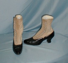 Antique High Top Shoes Victorian 1890 Black Leather Tan Cloth Side Button