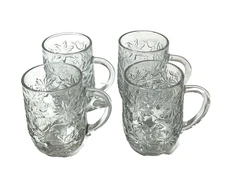 4 VTG Princess House Crystal Poinsettia 4" COFFEE TEA MUGS  Fantasia Pattern