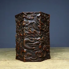 Chinese Exquisite old carved auspicious dragon bamboo hollow out Pen Brush pot