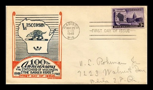 US COVER WISCONSIN CENTENNIAL FDC SCOTT 957 CHAS W GEORGE THERMOGRAPHED