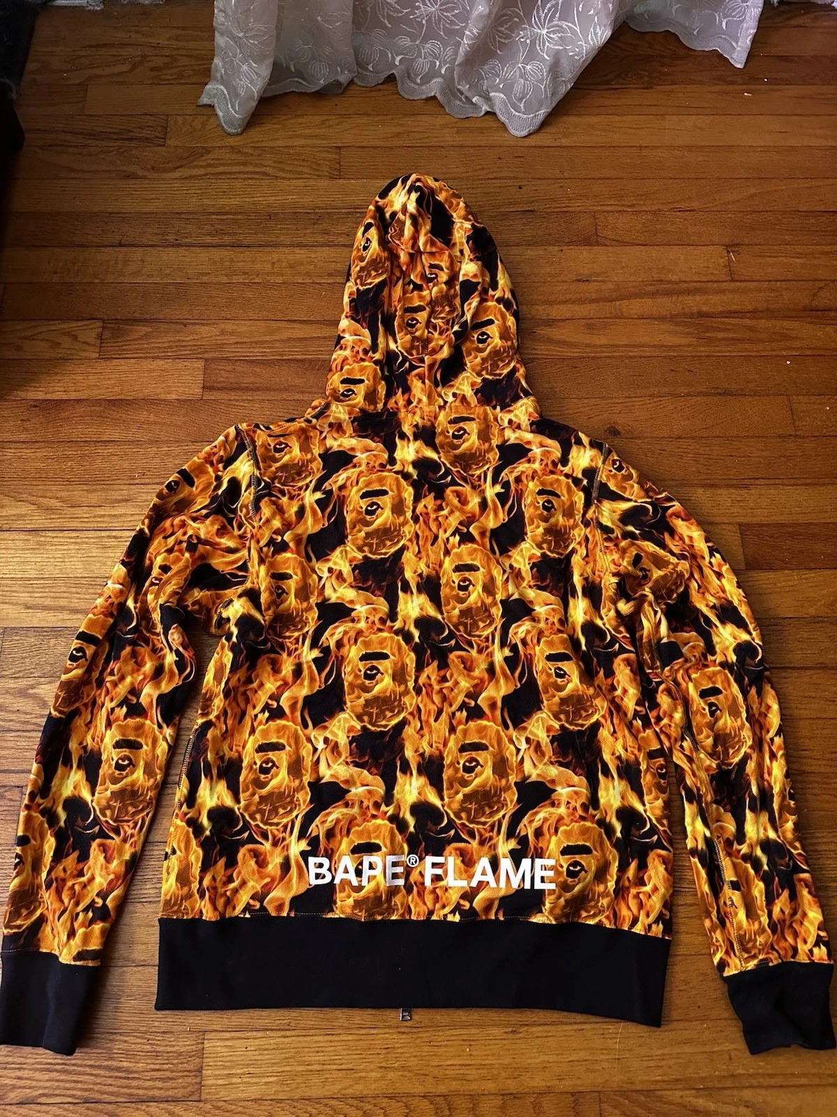 A BATHING APE (BAPE) Felpa con cappuccio e zip intera larga Bape Flame arancione taglia media