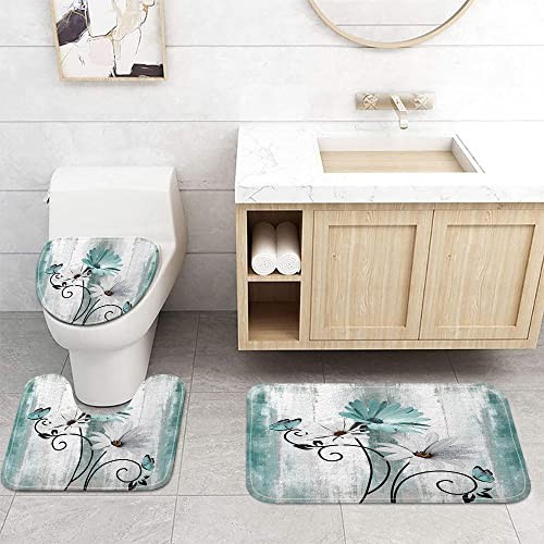 Rustic Farmhouse Bath Mat Set, Farm Teal Daisy Floral Flowers and Butterfly on - Picture 2 of 7