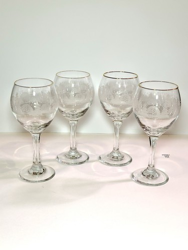 Libbey Arby's WINTER SCENE Set of 4 Balloon Wine Glasses Frosted Gold Rim 8" - Picture 1 of 9