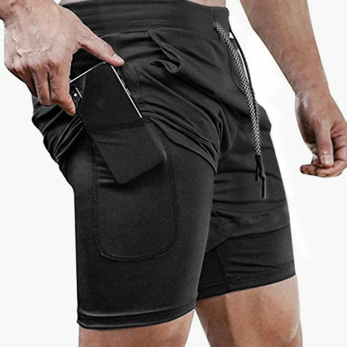 Men's 2 in 1 Running Shorts, Quick Dry Breathable Active Gym Workout,  Double Layer Running Pants with Built-in Pocket (M) Black at  Men's  Clothing store