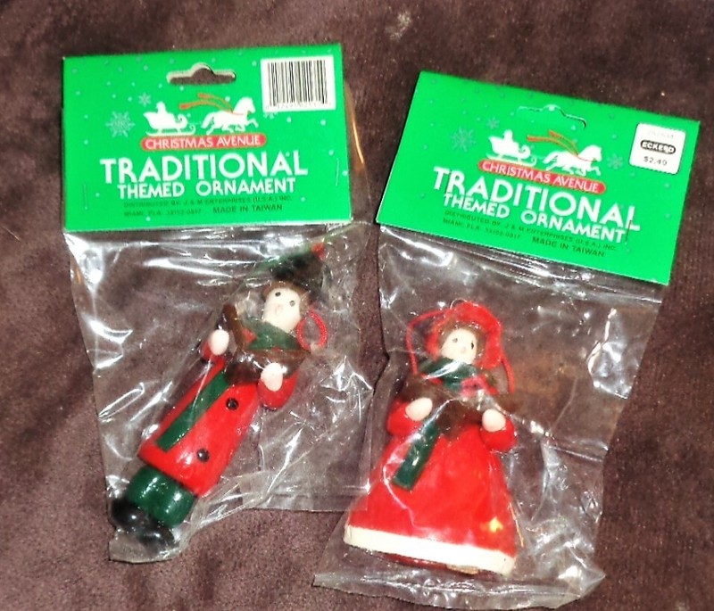 2 Vintage Clay/Ceramic Christmas ornaments 1 man and 1 woman Carolers New 1970's