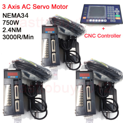 3 Axis 750W AC Servo Motor NEMA34 2.4NM 3000RPM Kit + CNC Controller for Milling