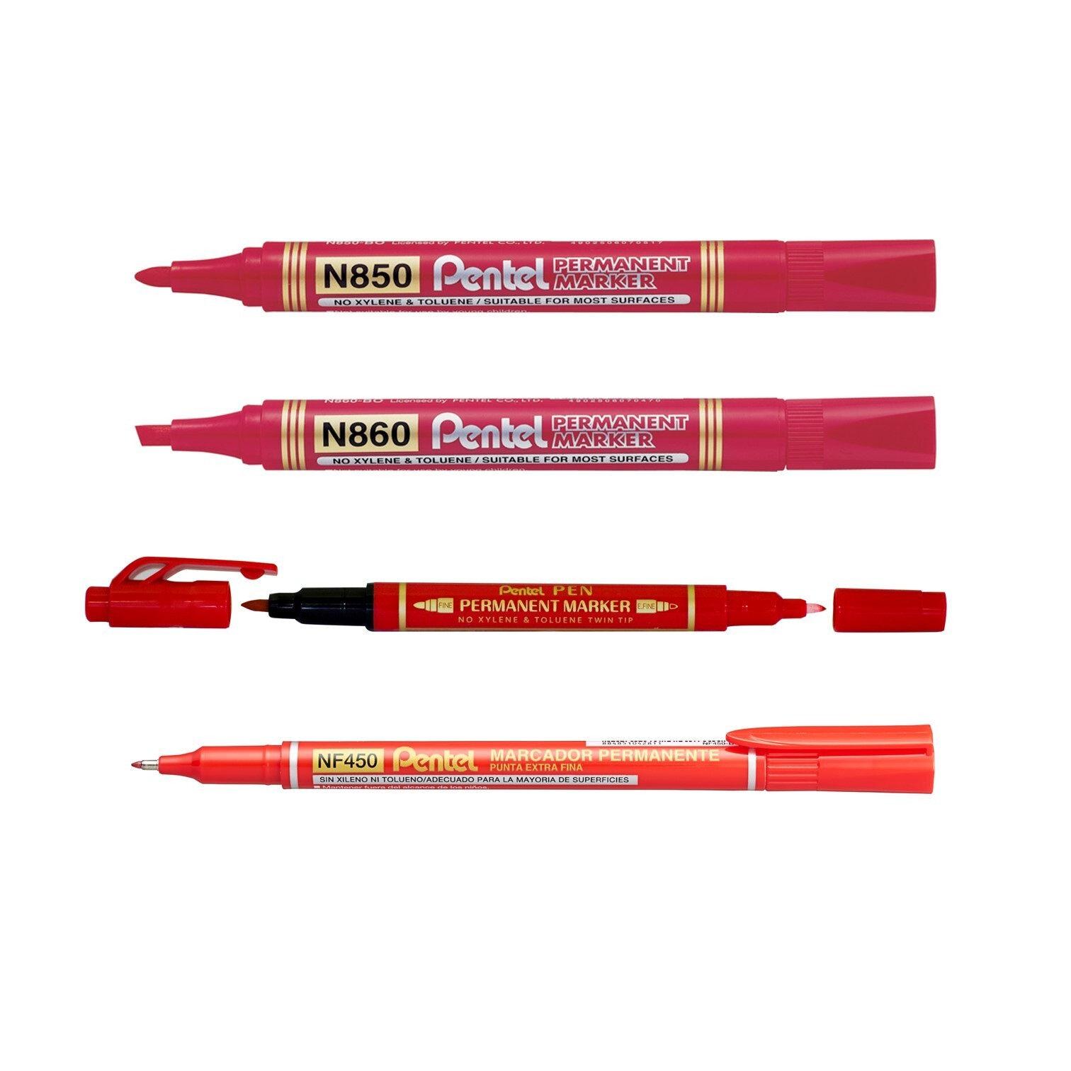 Pentel Permanent Marker Pens Extra Fine to Broad Tips, Red ink (4 Pack)
