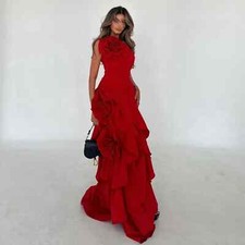 Elegant Red A-Line Halter Evening Dress with 3D Flowers Women Wedding Party Gown