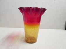 BLENKO AMBERINA CRACKLE Crimpt Flared Art Glass 9.75" tall VASE Pontail