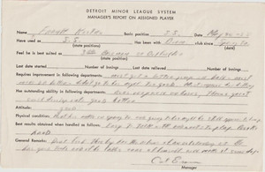 DETROIT TIGERS MINOR LEAGUE MANAGER'S REPORT ON PLAYER FRANK KOSTRO 1958