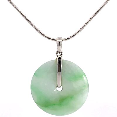 18K White Gold Round Disc Green Jade Good fortune Pendant 16