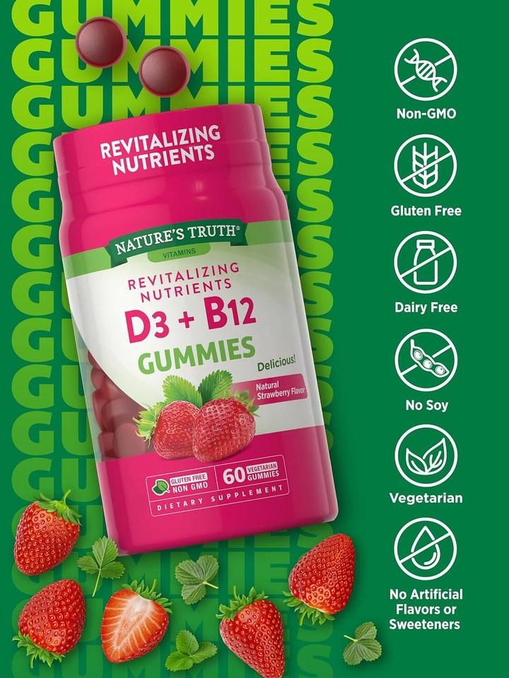 Nature's Truth Vitamin D3 and B12 Gummies 60 Count Vegetarian, Non