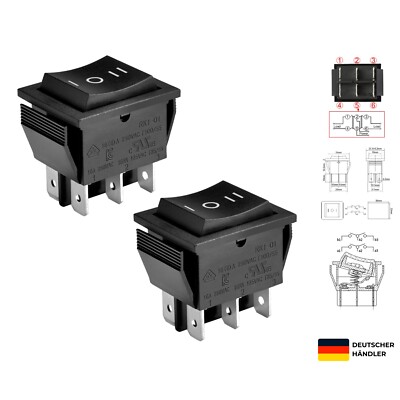 Kippschalter Ein-Aus-Ein, DPDT, 6 Endpunkte, 16 A 250 VAC, Schwarz, 2 Stück