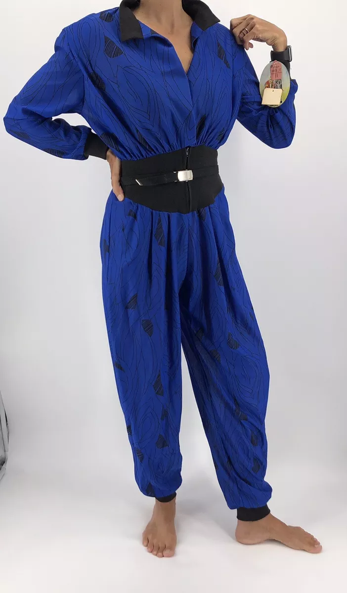 Vintage 80s 90s Small Seneca Jumpsuit Blue Long Sleeve Flight Suit Romper Pants