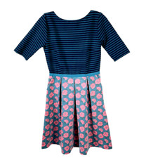 Matilda Jane Women's S Peyton Fit Flare Dress Blue Pink Teal Stripe Floral Rose