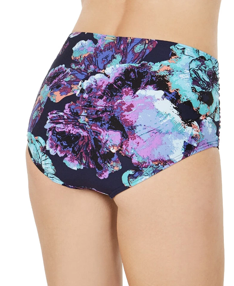 CALVIN KLEIN 百褶高腰比基尼下装 L 码大号花卉紫色泳装 — 第 2/4 张图片