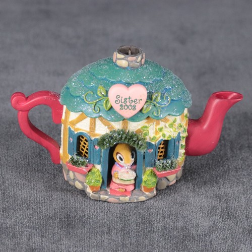 2003 Carlton Cards Heirloom SISTER Christmas Ornament TEA POT Mouse House NIOB! - Picture 3 of 6