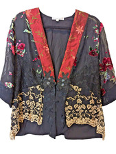 Spencer Alexis Women Kimono Jacket Topper Silk Blend Black Floral Embroidered XL