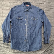 Wrangler Denim Button Down Shirt Men's Size L Long Sleeve Collared Blue Pockets