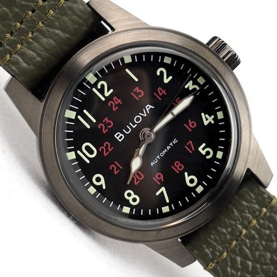 Bulova Hack 98A255 Automatic Military Black Dial Leather Men's