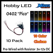10pc Chip Pico 0402 Pre-Wired LED  3v 5v 6v 9v 12 Volt DC - Choose Color
