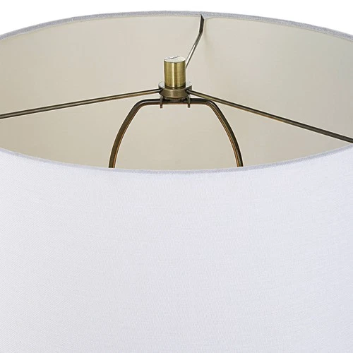 Modern Table Lamp 27" Tall Antique Brass Round White Linen Drum Shade Bedroom - Picture 7 of 8