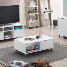 Coffee Table Open Storage with 2 Drawers and Cut Out Handles Scandinavian Style
