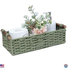Green Round Paper Rope Storage Basket, Wicker Bins with Handle, Small Organizer
