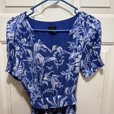 Talbots Dress Blue Floral Pull Over V-neck Elastic/Tie Waist Sz2P NWT