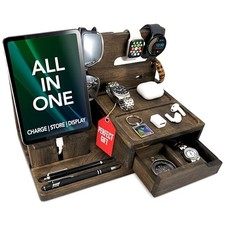Nightstand Organizer- Phone Docking Station for Men- Unique Gifts Rustic Gray