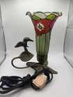 Vtg Tiffany Style Stained Glass Hummingbird Tulip Trumpet Table Accent Lamp  8"