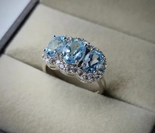 Three stone Oval Lab Created Aquamarine Engagement Ring 14K White Gold Plated