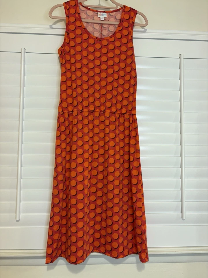 женское платье Lularoe без рукавов, оранжевое и фиолетовое длина до колена полкадот размер M - Изображение 2 из 4