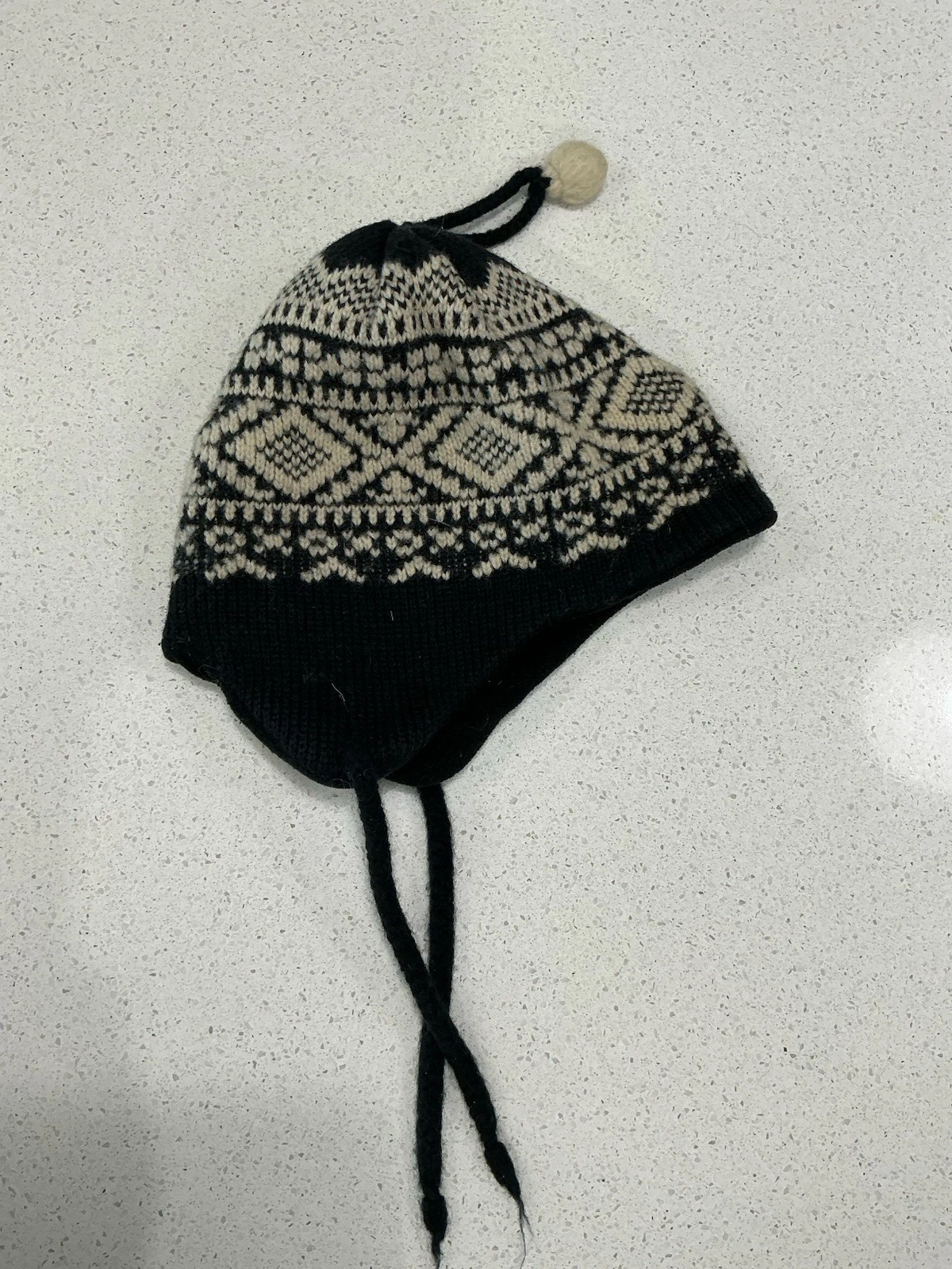 Smiley Beanie Toque Adult One Size Black Knit Wool Fair Isle Tassel Ear Flaps
