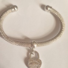 Tiffany & Co. Signed 925 Sterling Silver Mesh Bangle Cuff Heart Dangle Charm