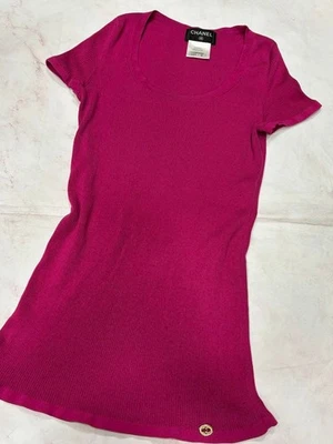 Haut tunique côtelé CHANEL taille 38 rose coton soie manches courtes - Photo 1/4