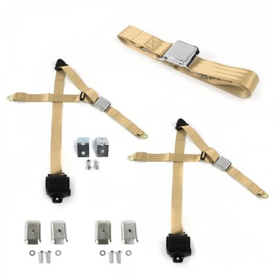 Ford Falcon 1960 - 1963 Airplane 3pt Tan Bench Seat Kit w/Brackets 3 Belts  