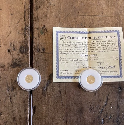 2 Coins Of 2019 Cook Islands $5 1/10 oz .24 Pure Gold Statue Of Liberty Coin