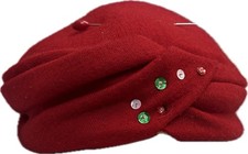 Vintage Women's Red Wool Felt Cloche Hat Solid Beaded Accents One Size