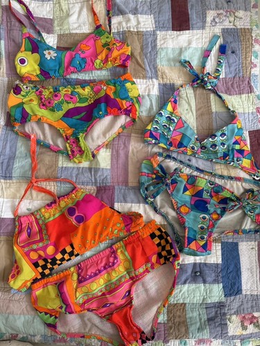 Lot of 3 1960s kids psychedelic floral day glo neon bikinis