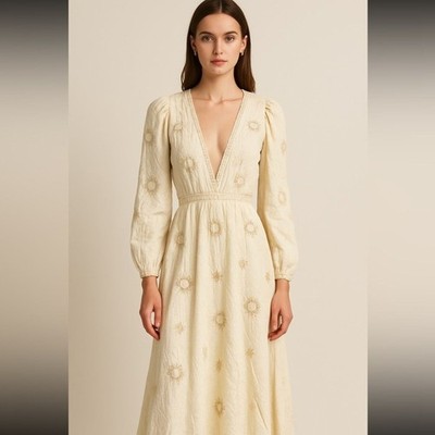 New Amarante Do Brasil Long Sleeve Embroidered Open Back Maxi Dress