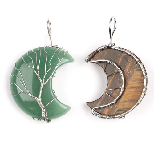 Natural Tree of Life Wire Wrapped Moon Carved Pendant Crystal Quartz Healing - Picture 3 of 17