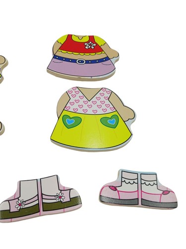 Wooden Puzzle Bear Dress Up Fun 10 Pieces 5 Dresses 5 Shoes 11 3/4" x 8 1/2" - Picture 7 of 10