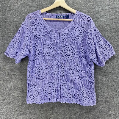 Honors Top Women L Large Purple Geometric Crochet Button Up Silk Short Sleeve