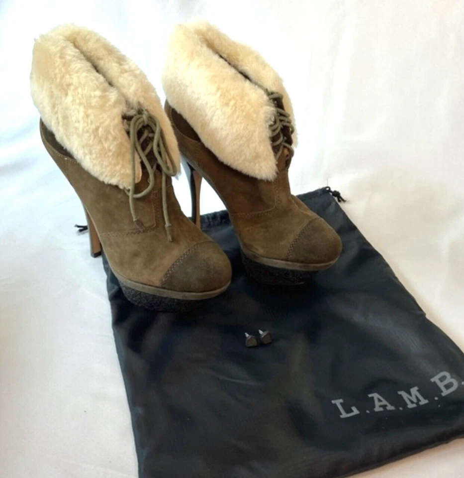 L.A.M.B Suede Shearling Platform Boots Zion Hiker Gwen Stefani Heels Sz 8 - Изображение 2 из 4