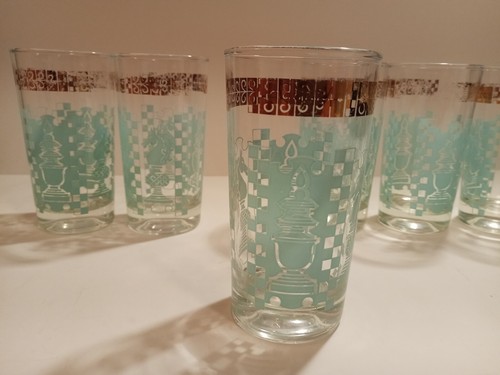 6 Vintage Mid Century Modern Gold Aqua Tumblers Glasses Chess Pieces - Picture 4 of 7