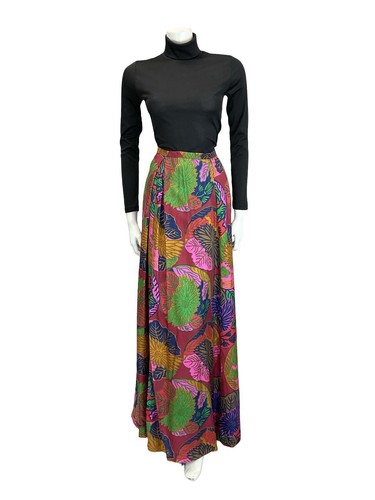 VTG 70S RED PINK BLUE YELLOW PSYCHEDELIC FLORAL LEAF PLEATED MAXI SKIRT 8 - Picture 2 of 9