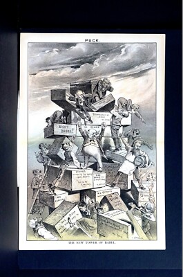 Tower of Babel 1878 SUFFRAGE IMMIGRATION TEMPERANCE GREED CONGRESS LEPERS Puck