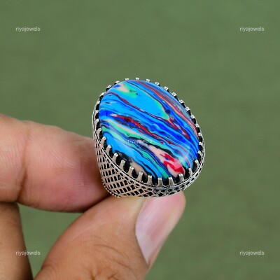 Sterling Silver Oval Rainbow Calsilica Gemstone Bezel Stackable Statement Ring