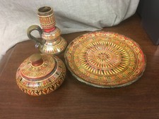 3 Pieces of Greek Pottery Reproductions Plate, Covered Bowl & Candlestick Mazy